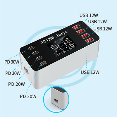 65W 8-Port USB Ladestation Multi Port USB Hub Ladegerät LCD Display QC3.0