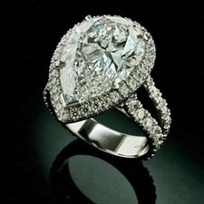 2.68 TCW Pear Cut Moissanite Halo Engagement Wedding Ring 14k White Gold Plated