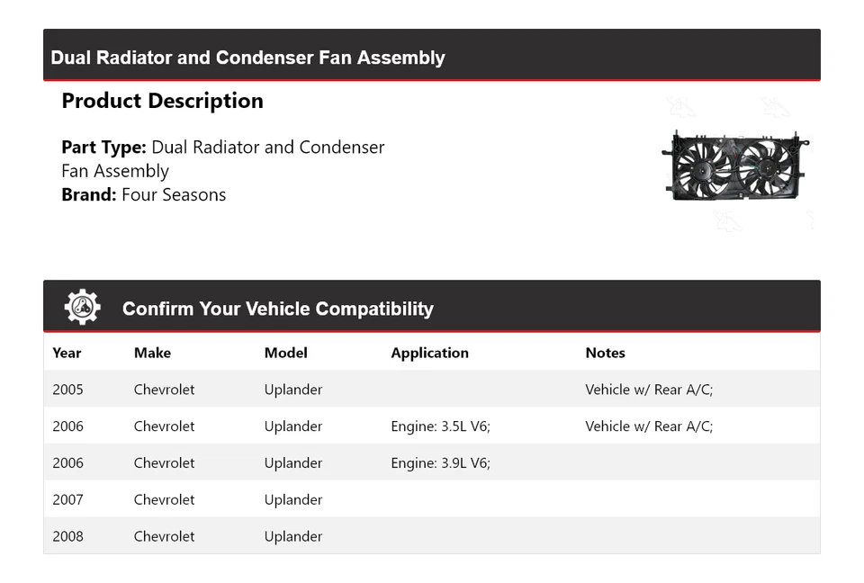 Conjunto de ventilador condensador radiador doble para Chevrolet Uplander 2005-2008 4 temporadas Foto 2 de 4