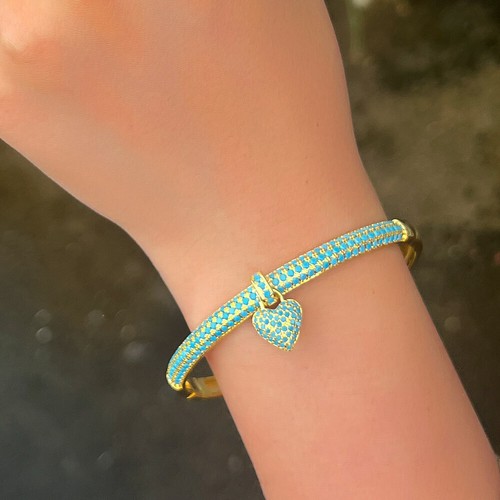 Brazalete Brazalete Abierto Redondo Chapado en Oro Amarillo Dije Corazón Mujer Azul Turquesa Circonita cúbica - Imagen 2 de 9