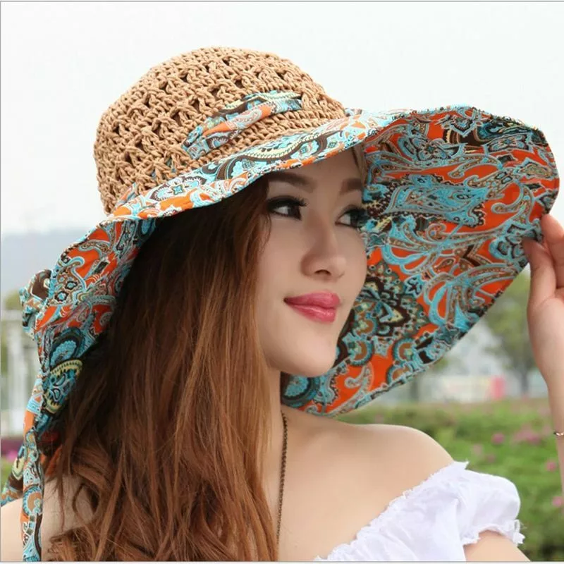 Summer Female Floppy Hollow Breathable Straw Bucket Hat Rope Bow Wide Brim Hats