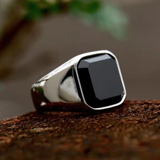 Gothic Black Agate Men's Biker Ring Stainless Steel Classic Wedding Fashion Ring
