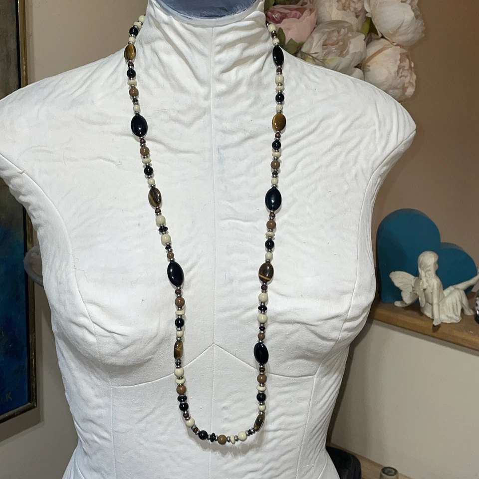 Collar largo CHAPS ojo de tigre marrón piedra negro cuentas ovaladas tribal occidental 36 pulgadas Foto 4 de 4