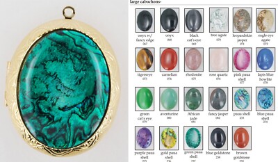 Large oval locket, gemstone & glass cabochons, with slide chain options