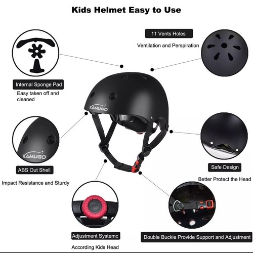 KAMUGO Casco Regolabile per Bambini, con Set Attrezzature Protettive Sportive Ginocchio,Gomito Blu - Foto 7 di 8