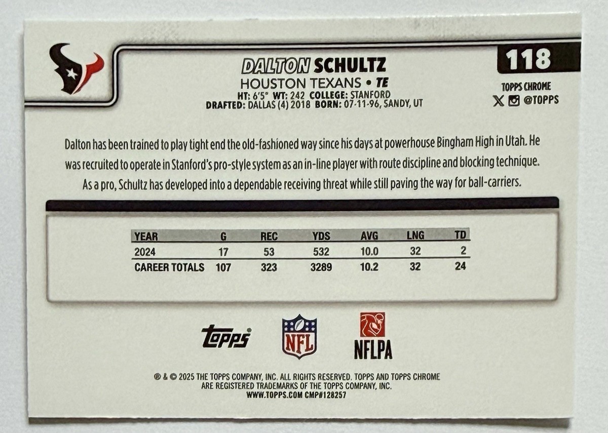 2025 Topps Chrome Dalton Schultz #118 Houston Texans NFL Football