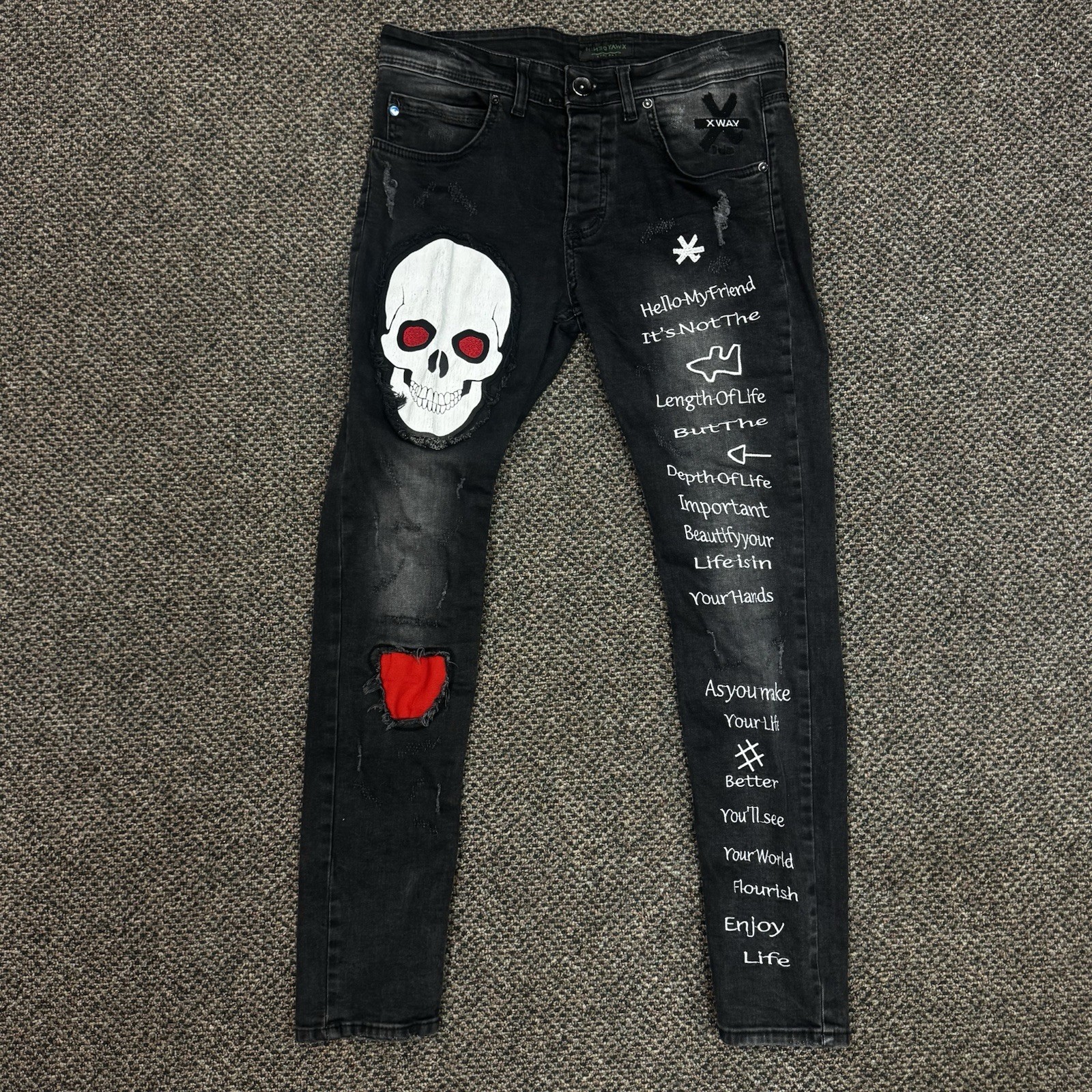 S 32x31 Black Cotton Denim Skinny Skull Gothic Emo Hippie Fa
