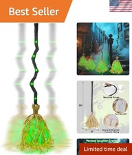 Spooky 35'' Animated Witch Broom with Green LED Lights for Indoor/Outdoor Decor