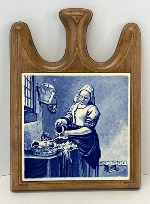 Vintage 6  Delft Blue Tile Vermeer ''The Cook / The Milkmaid  Holland On Wood