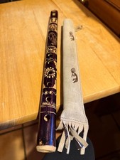 Vintage Hand Carved Folk Art Wooden Flute Painted 15" Instrument W/SUEDE SLEEVE