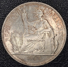 1909 French Indo China .900 Silver 1 Piastre De Commerce