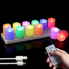 12Pcs Rechargeable Flameless Tea Lights RGB with Charging Base and Remote