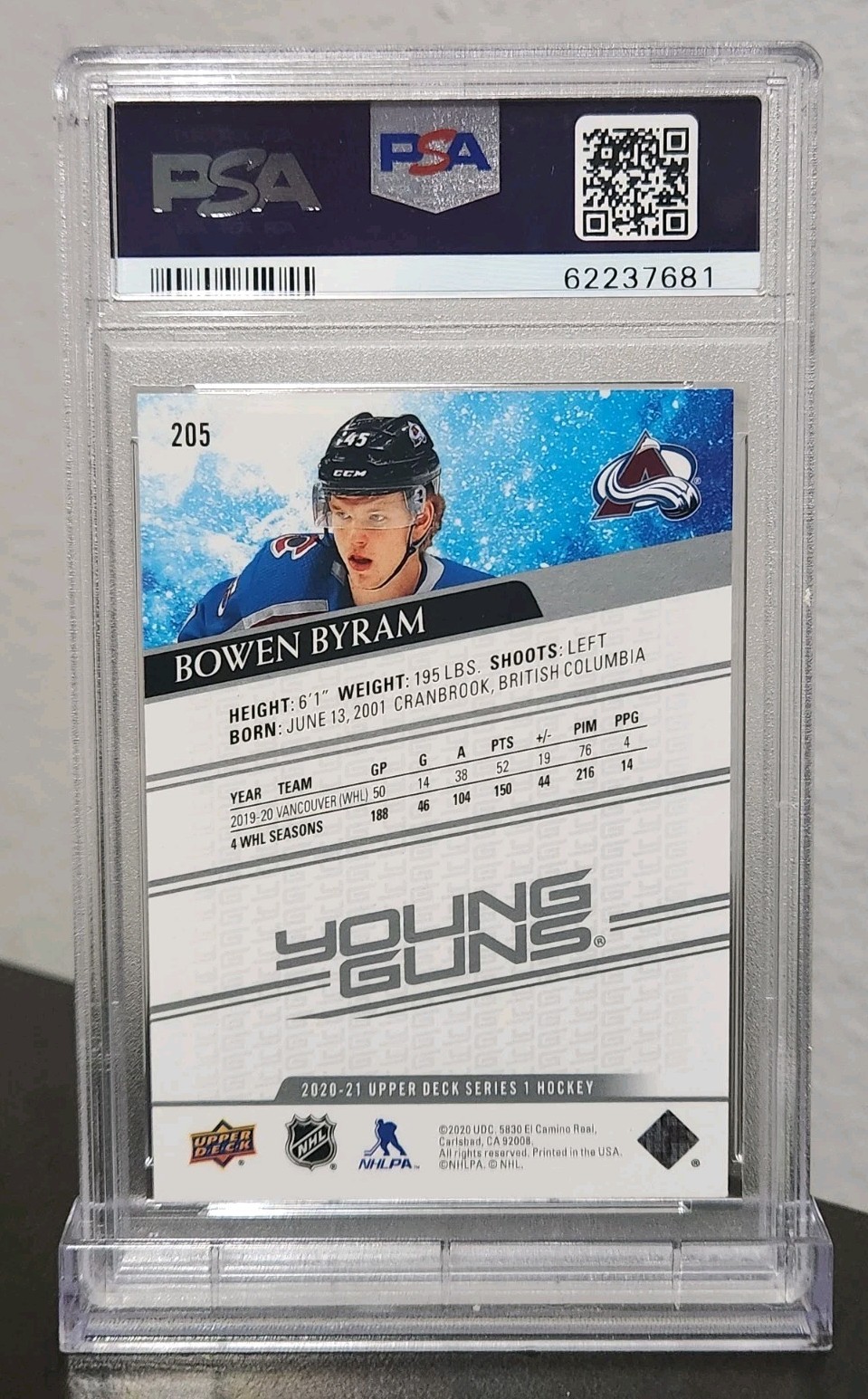 2020 Upper Deck Bowen Byram Young Guns Rookie Card #205 PSA 9 Young Guns view 3