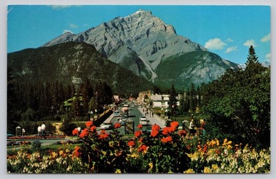 Vintage Banff Main Street & Cascade Mountain Canadian Rockies Postcard