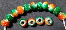 SET OF 15 GREEN  ORANGE MARBLE LOOK EUROPEAN MURANO LAMPWORK GLASS BEADS