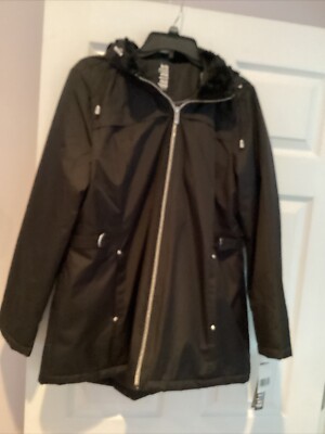 INTL D.e.t.a.i.l.s D520113 Womens Black Faux Fur Removable Hood Black Jacket L