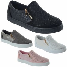 Ladies Womens Diamante Zip Up Flat Low Heel Trainers Skater Pumps Shoes Size