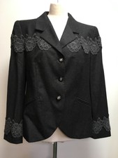 Louis Feraud Dark Grey Wool Blazer Lace Detail Ailored Jacket Padded Shoulder 18