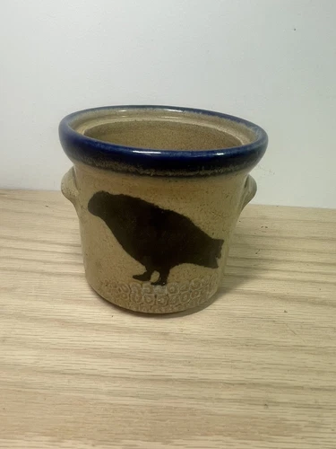 MSW MONROE SALT WORKS POTTERY CROCK / BOWL CROW ON CORN COB MAINE BLUE RIM