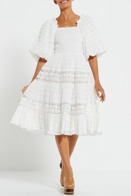 Bohemian Traders Billow Sleeve Lace Insert Midi Dress White Size M RRp $349.95