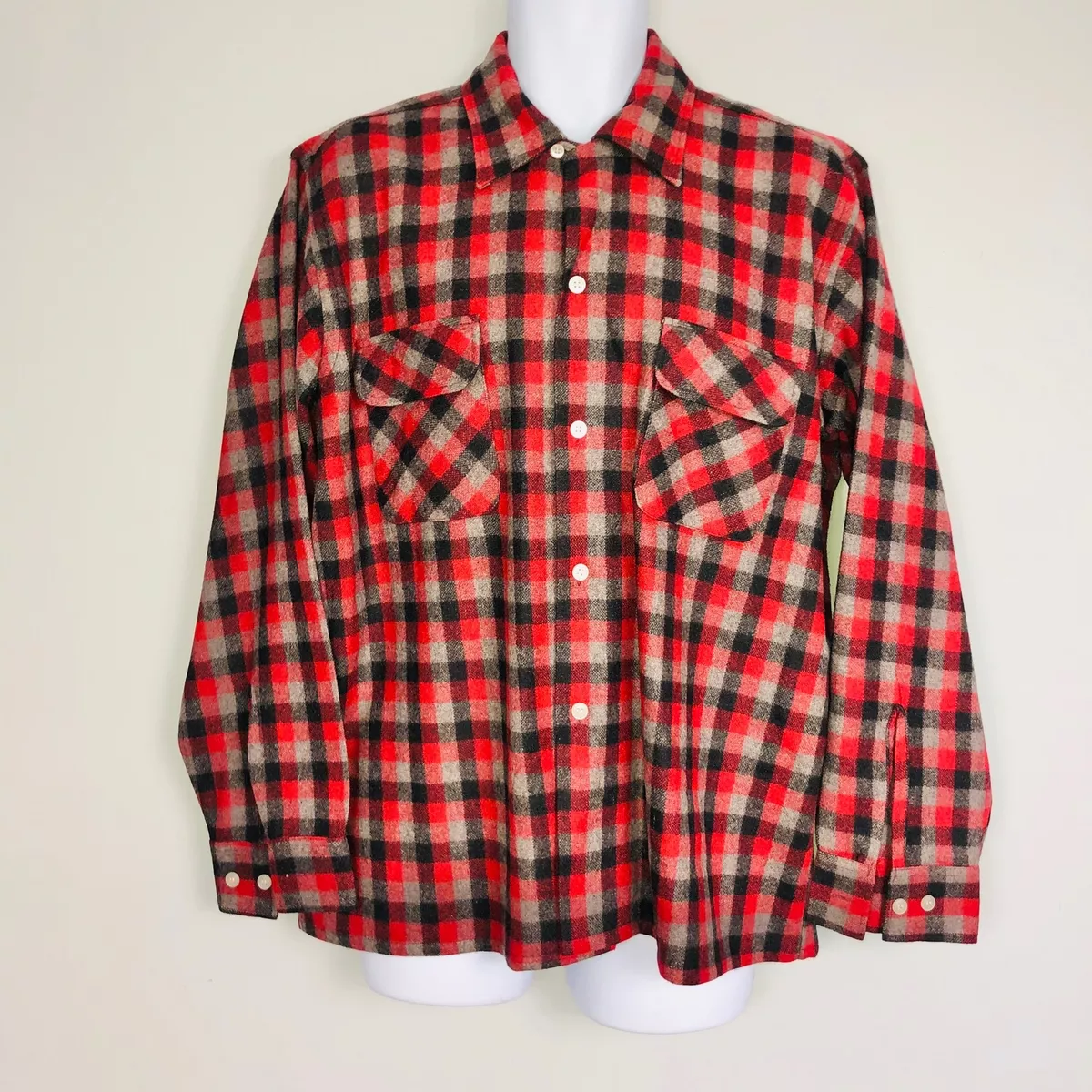 Vintage Envoy Mens Shirt SZ L Red Black Plaid Long Sleeve Button