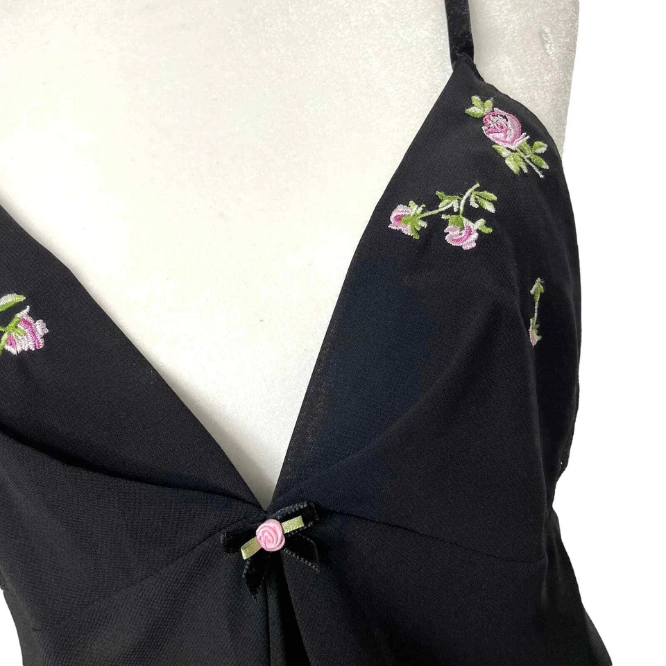 Oscar de La Renta Rosa Etiqueta Encaje Bordado Bata Chemise Set Talla S/M Negro Foto 4 de 4