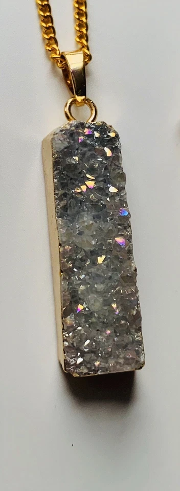 Collar Barra Gris Plata Chapado en Oro Natural Druzy Geoda Colgante Cristal NUEVO Foto 2 de 4