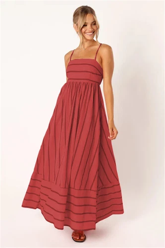Women's Casual Basic Spaghetti Strap Maxi Dress Sleeveless Summer Strips Dresses - Picture 19 of 31