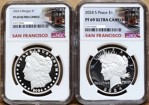 2 coin set 2024 morgan peace proof silver dollars ngc pf 69 uc sf trolley