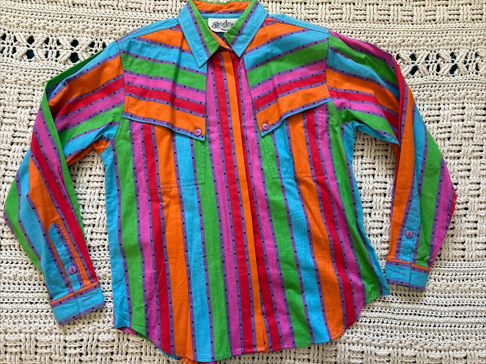 Vintage Rodeo Western Wear Rainbow Striped Double Breasted Shirt Cotton Small