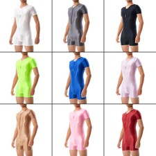 Men Oil Glossy Tight Elastic Bodysuit Jumpsuit Gym Stretchy Zipper Sportwear.