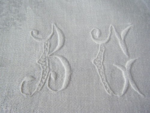ANTIQUE 1880 Victorian set of 12 napkins large linen damask "BG" mono 29"x27" - Picture 2 of 9