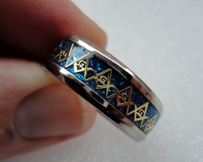 Ausgefallener Freimaurer Edelstahl Ring blau Durchmesser 18 mm Öffnung Größe 8 oder P UK