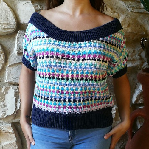 Top maglia maglione maniche corte cotone multicolor vintage S oversize blu  navy | eBay