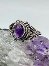 Bohemian Style 925 Sterling Silver Cabochon Amethyst Gemstone Ring ~ Size J 1/2