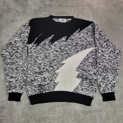 Vtg JED Sweater Mens Large Black White Pullover Lightening Flash Print 80s 90s