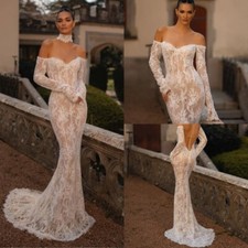 Boho Mermaid Wedding Dress Off Shoulder Long Sleeved Lace Sequins Bridal Gowns