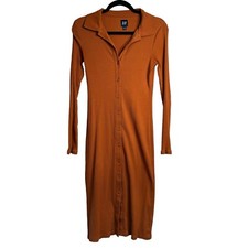 GAP Women's Long Sleeve Ribbed Polo Midi Dress Button Front Rust Orange XS