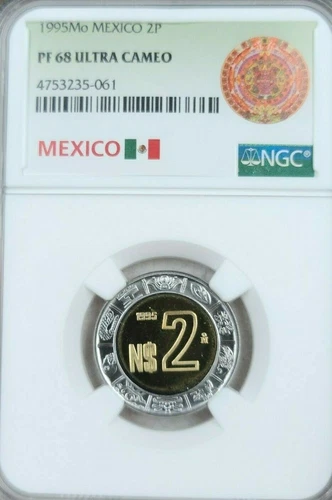 1995 MEXICO 2 PESOS BI METALLIC NGC PF 68 ULTRA CAMEO SCARCE LOW MINTAGE COIN