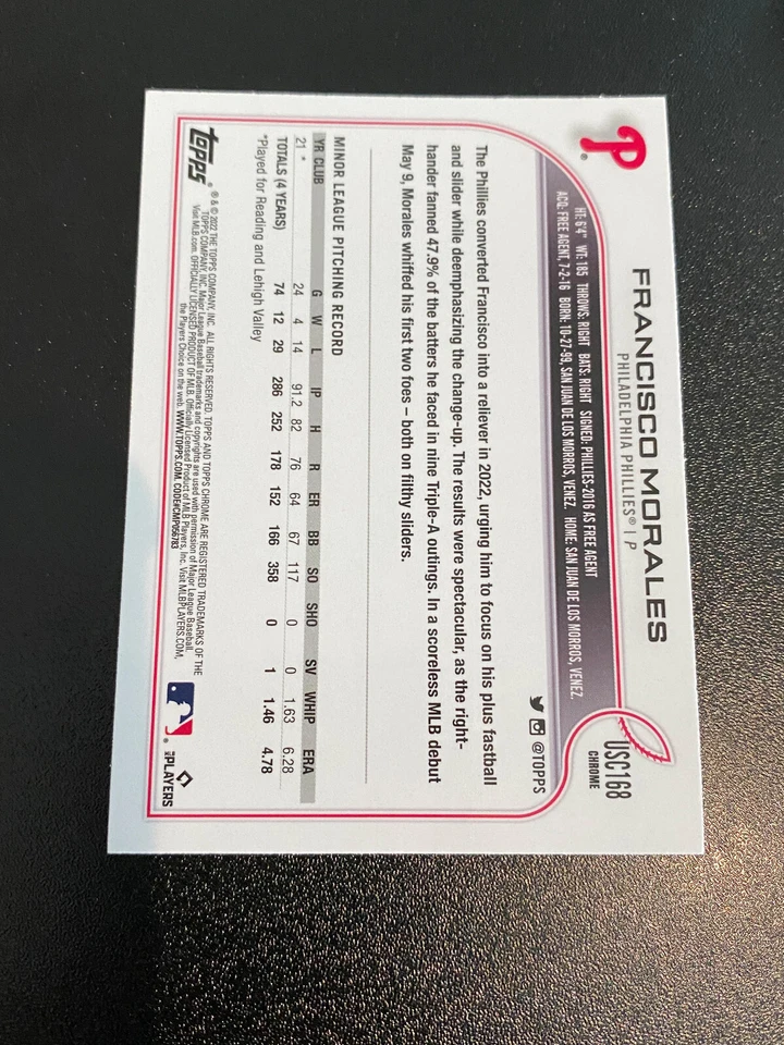 2022 Topps Chrome Update FRANCISCO MORALES Pink wave Refractor USC168 RC - Image 2 of 2