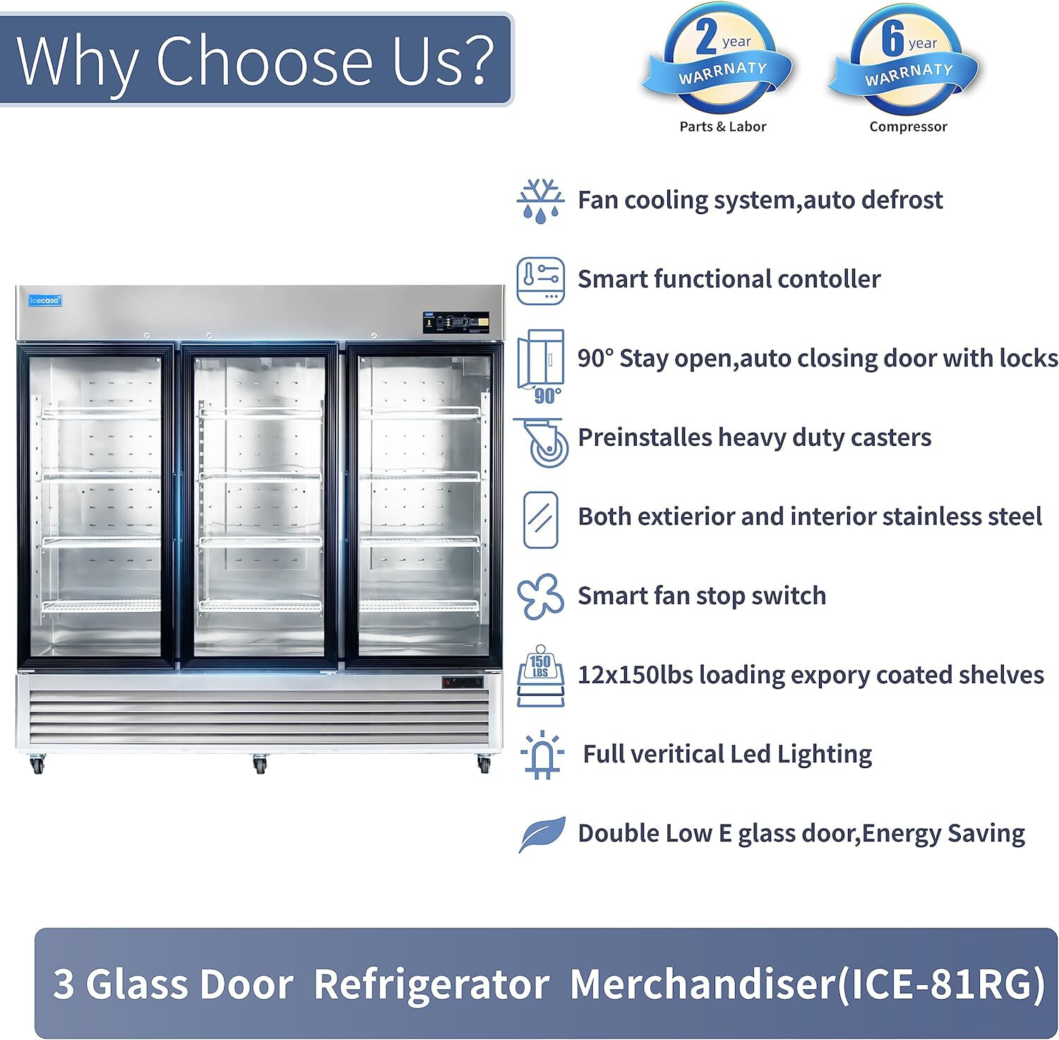 82" Commercial Glass Door Refrigerator, 3 Door Reach-In Merchandiser 72 Cu.ft