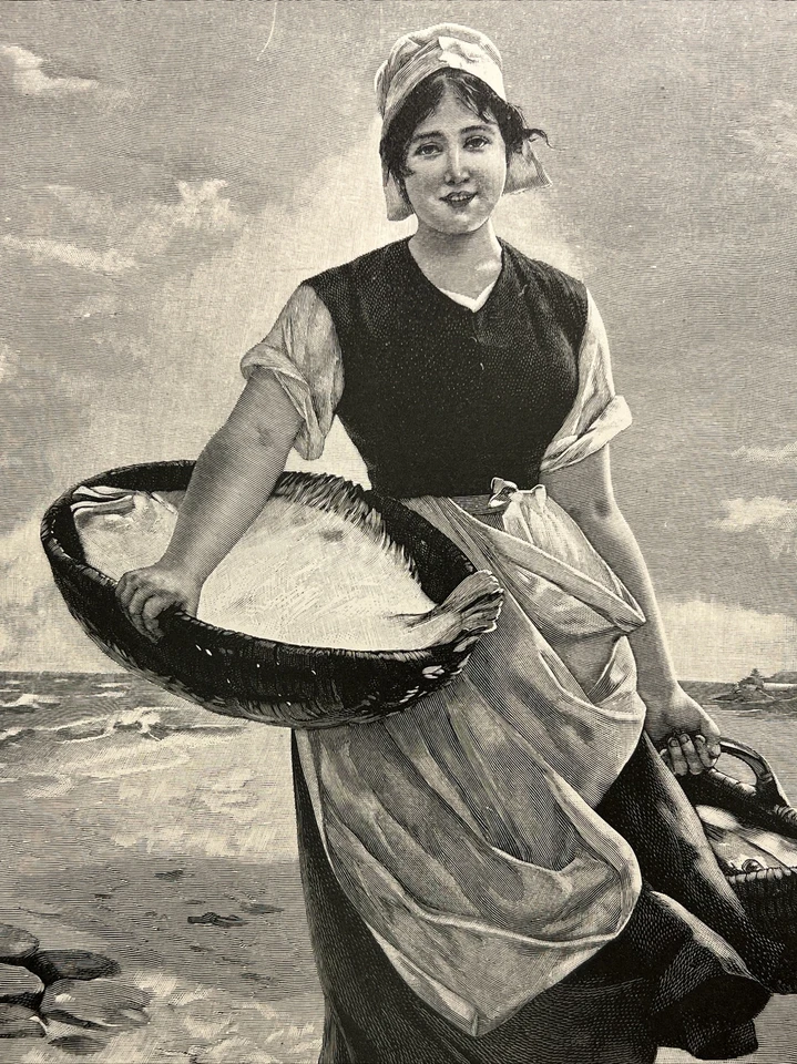 Antike Illustration Frische Fische Dame Meer Fischer Gemälde 1893 Vintage Retro - Bild 2 von 4