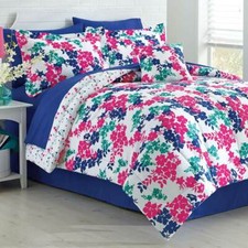 NEW Bright Pink Green Floral Happy 3pc Full Dorm Comforter Sham Bed Bedroom Set