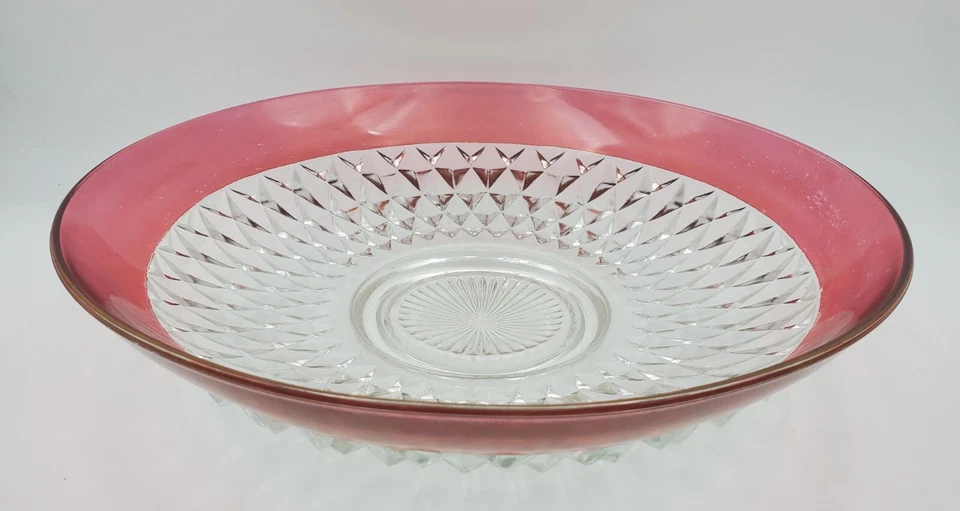 13.5” Indiana Glass Crystal Diamond Point Ruby Stain Chip Salad Serving Bowl Vtg - Image 4 of 4
