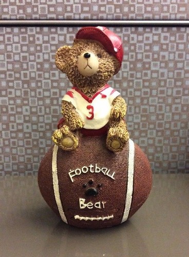 Football Bear Sitting On Ball Coin Bank w/ Hat - Picture 1 of 7