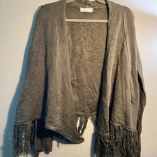 Gray Fringe Poncho Shrug with Open Front SZ L Cardigan Over The Shoulder Western