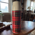 Vintage Thermos Metal Red Plaid Vacuum Bottle Thermos w/ Beige Cup Lid — photo 1