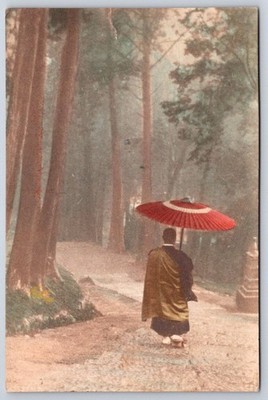 Antique Japan Postcard Monk with Red Umbrella Forest 1910s
