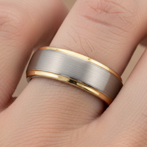 6mm Two-Tone Tungsten Ring – Yellow gold Stepped Edge Brushed Center Band