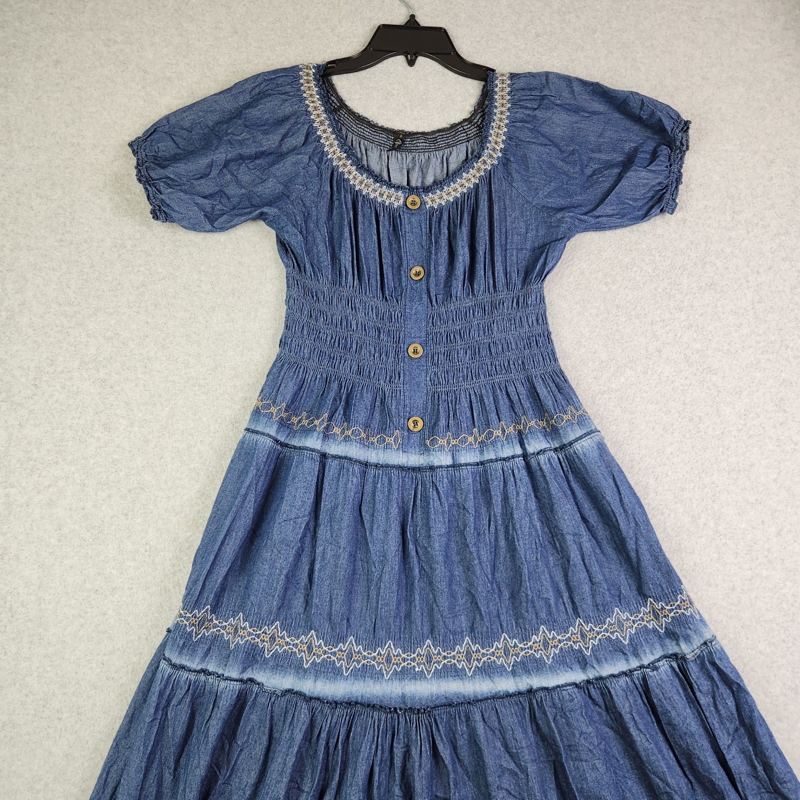 Indigo & Lace Denim Maxi Dress Womens S Blue Peasant Smocked Tiered Embroidered